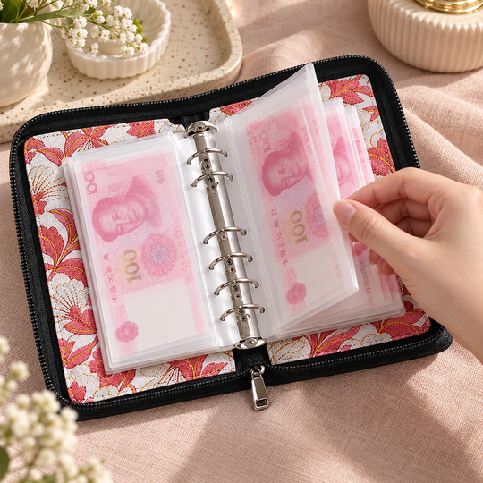 Open floral cash organizer with clear sleeves