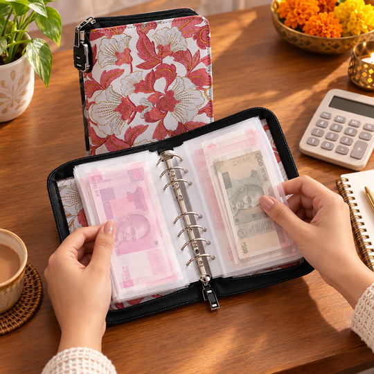 Floral cash organizer in a home budgeting setup