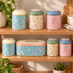 FloraNest canisters organized on shelves