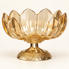 Flower Shape Fruit Bowl with amber petals and patterned gold-toned pedestal