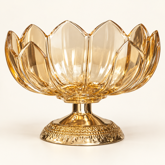 Flower Shape Fruit Bowl with amber petals and patterned gold-toned pedestal