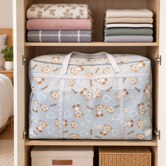 Foldable Bear Storage Bag inside an organized cupboard