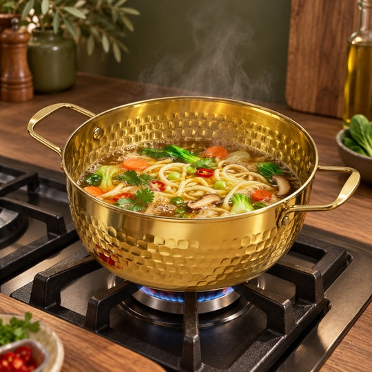 GoldenGlow Hammered Pot — stove cooking