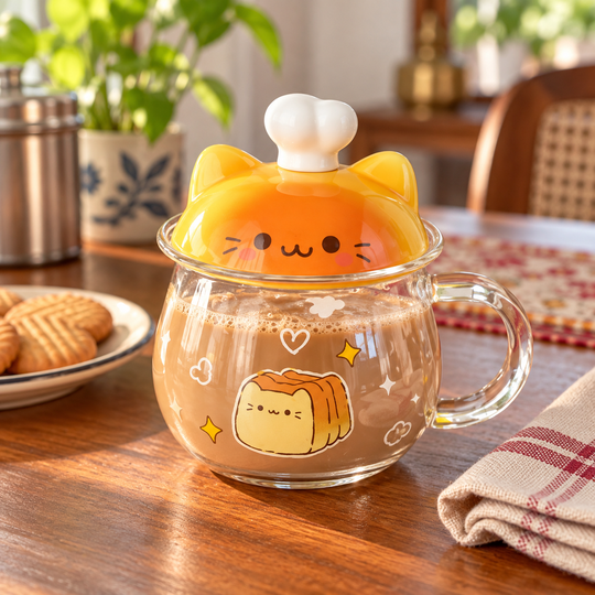 Cute Cat Lid Glass Mug breakfast setting