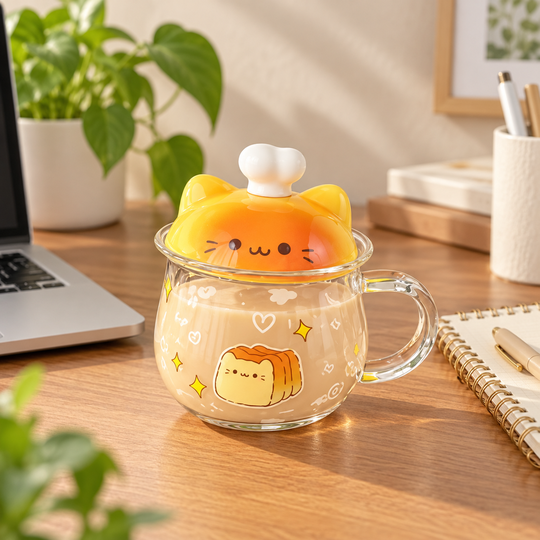 Cute Cat Lid Glass Mug desk setting
