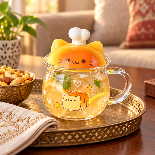 Cute Cat Lid Glass Mug serving setting
