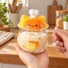 Cute Cat Lid Glass Mug held in hands