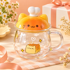 Cute Cat Lid Glass Mug gift setting