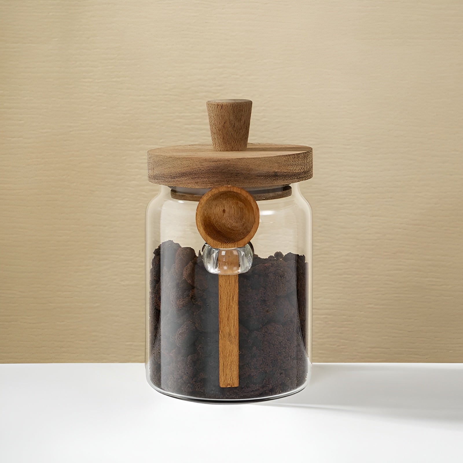 Glass Jar With Wooden Spoon(600 ML) – Portable & space-saving