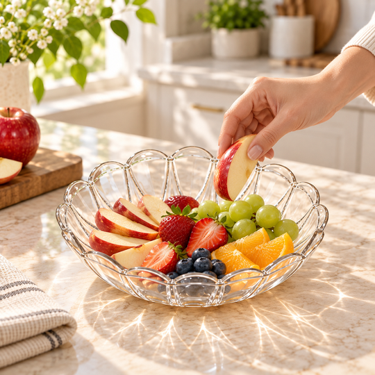 Clear Petal Fruit Bowl being arranged with fruit