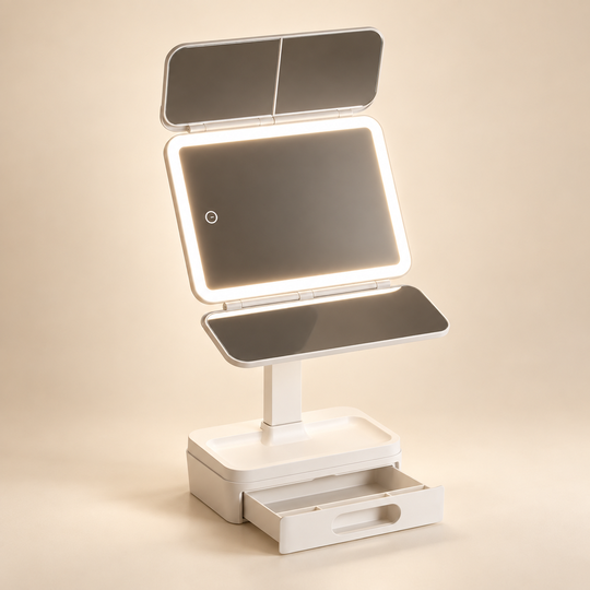 LED Makeup Mirror with Drawer open in landscape position