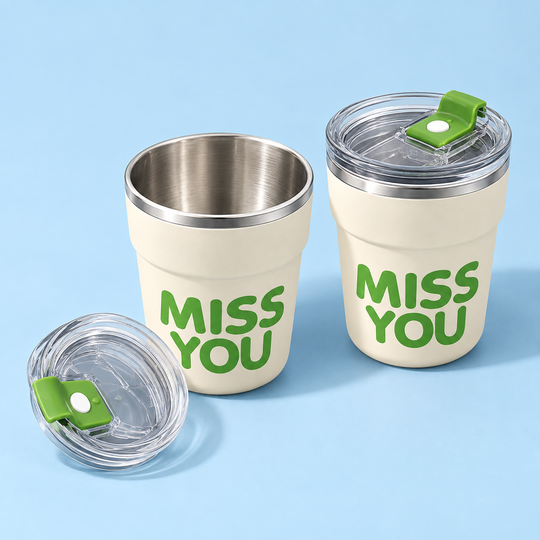 Open and lidded MISS YOU stainless steel drink cups