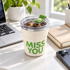 Green MISS YOU lidded cup with iced drink