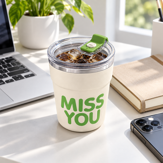Green MISS YOU lidded cup with iced drink