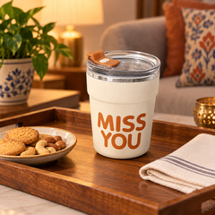 Tan MISS YOU lidded cup in evening setting