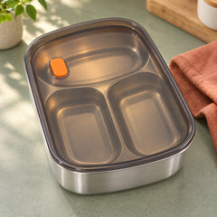 LunchNest Three-Compartment Box with smoky lid and orange tab