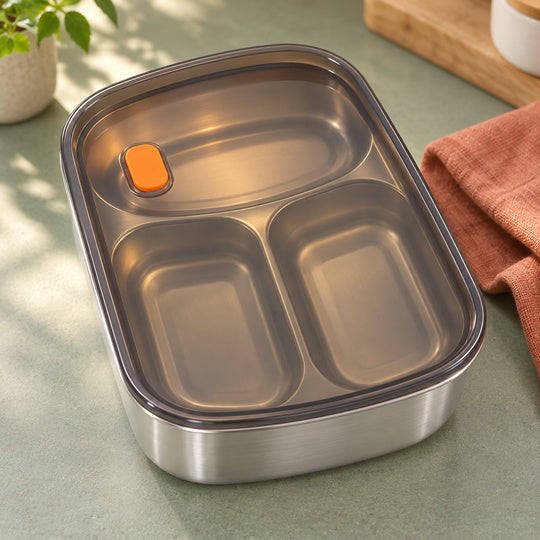 LunchNest Three-Compartment Box with smoky lid and orange tab