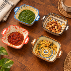 Mandala bowls serving chutneys and snacks