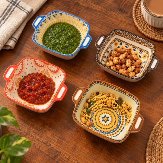 Mandala bowls serving chutneys and snacks