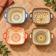 Top view of four distinct Mandala bowl patterns