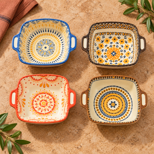 Top view of four distinct Mandala bowl patterns