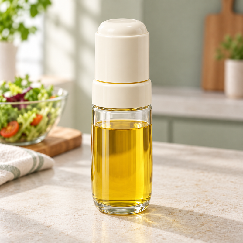 Oil & Spice Dispenser Bottle with cream cap and visible golden oil