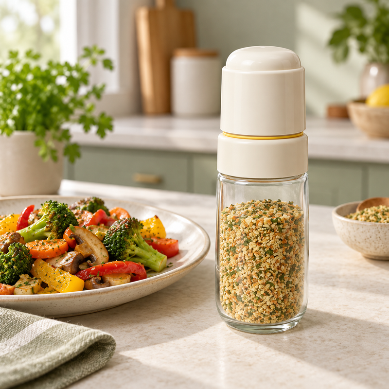 Cream capped seasoning bottle beside a prepared meal