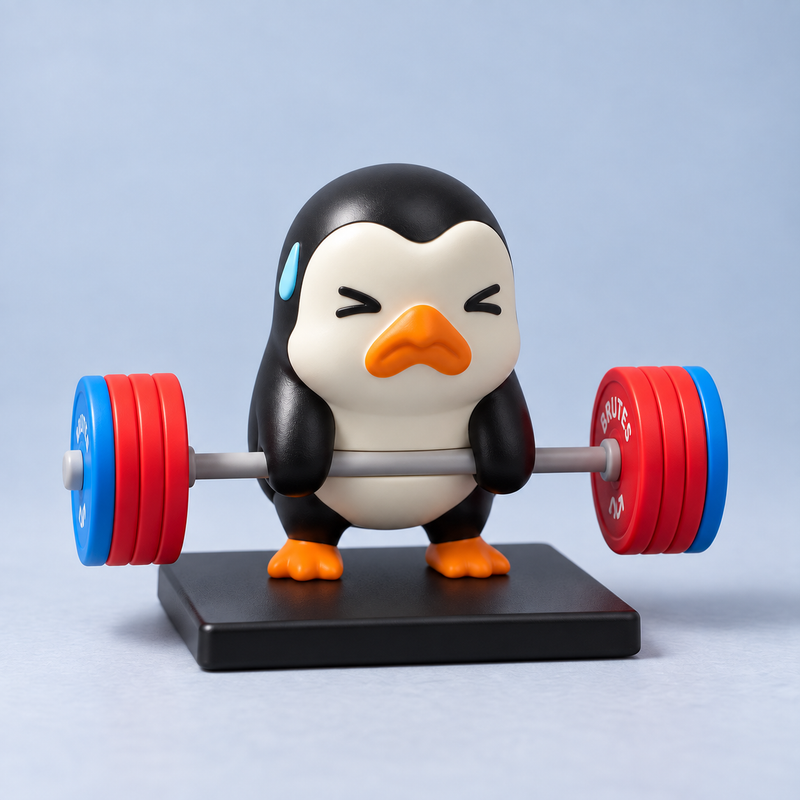 Penguin Powerlift Desk Toy with colourful barbell