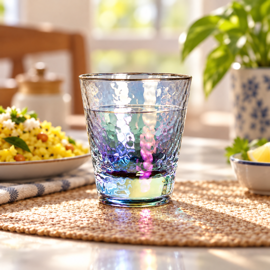 Rainbow Ripple Glass at breakfast table