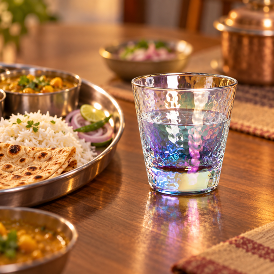 Rainbow Ripple Glass at dinner table