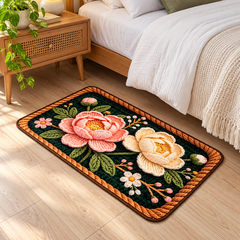 Raised floral mat beside bed