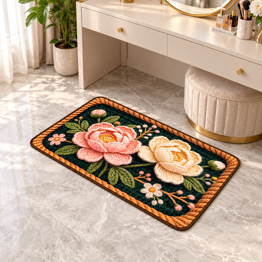 Raised floral mat near vanity