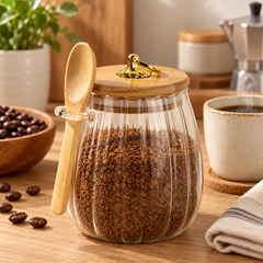 Ribbed glass jar holding coffee granules