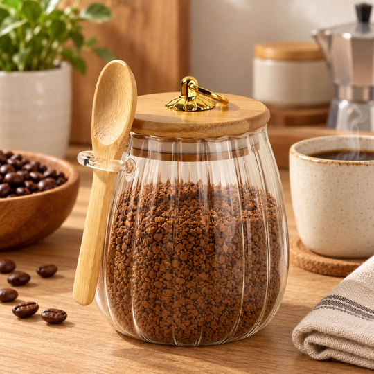 Ribbed glass jar holding coffee granules