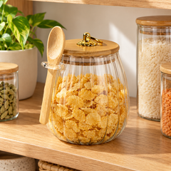 Ribbed glass jar holding breakfast flakes