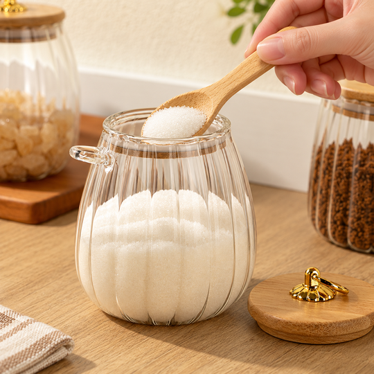 Wooden spoon scooping sugar from the ribbed glass jar