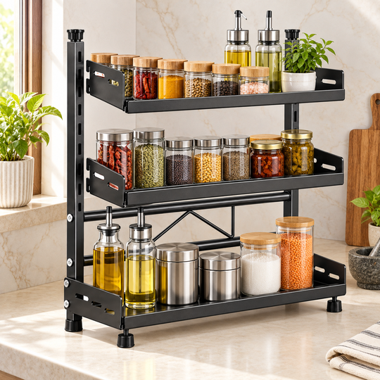 SpaceStack Counter Organizer loaded kitchen angle