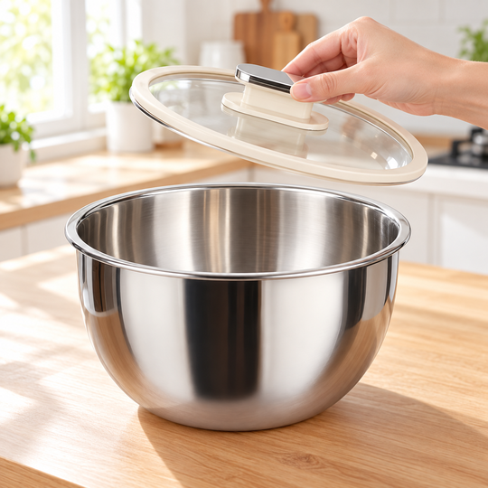 Steel prep bowl with transparent lid open