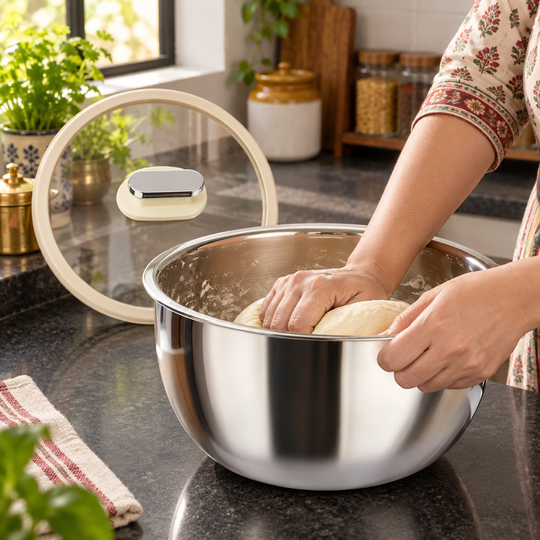 Dough kneading in steel prep bowl