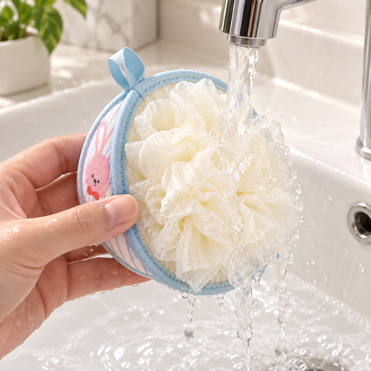 Bubble Bath Scrubber being rinsed under water