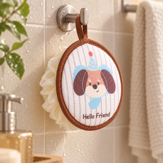 Bubble Bath Scrubber hanging from its loop