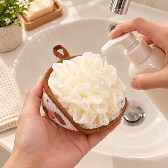 Body wash applied to Bubble Bath Scrubber mesh