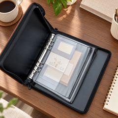 VaultFolio open interior with organized document pouches