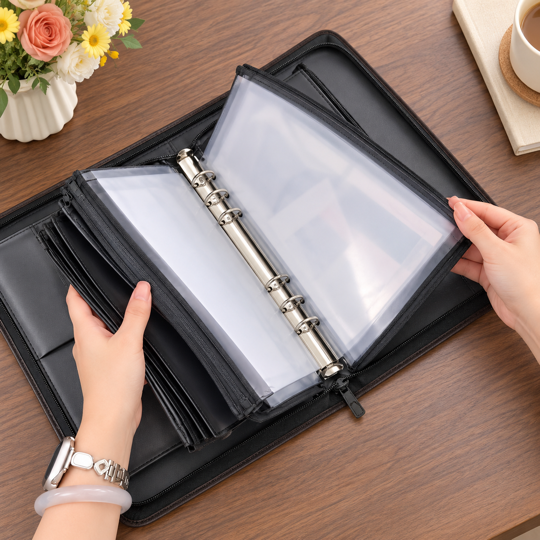 VaultFolio translucent zipper pouch page turning