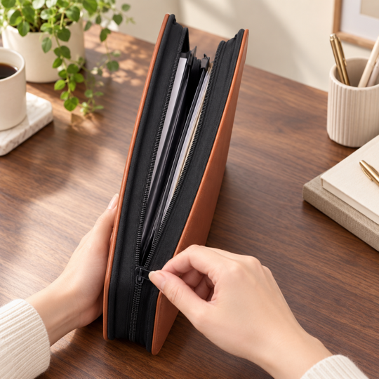 VaultFolio zip-around closure in use