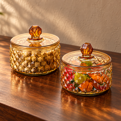 Vintage Amber Glass Jar set on a warm wooden surface
