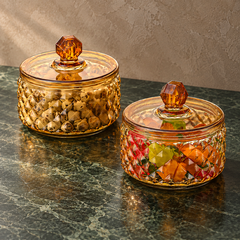 Vintage Amber Glass Jar set on green stone