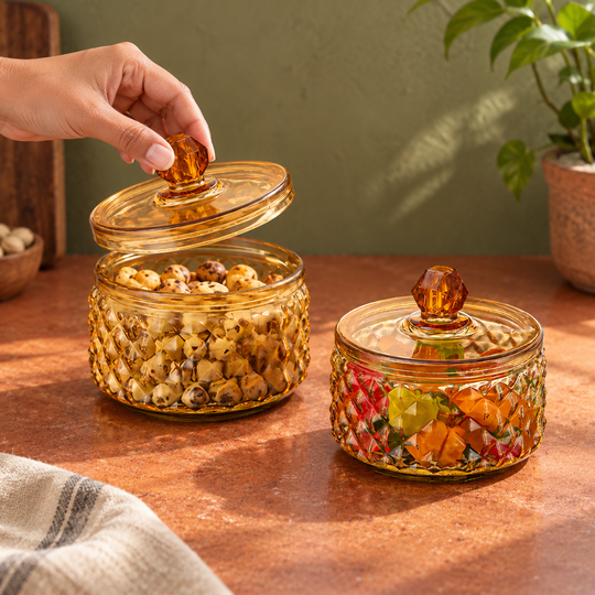 Opening the larger Vintage Amber Glass Jar