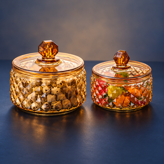 Diamond-cut detail of the Vintage Amber Glass Jar set