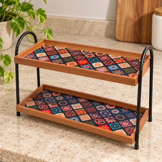Empty two-tier organizer showing patterned trays